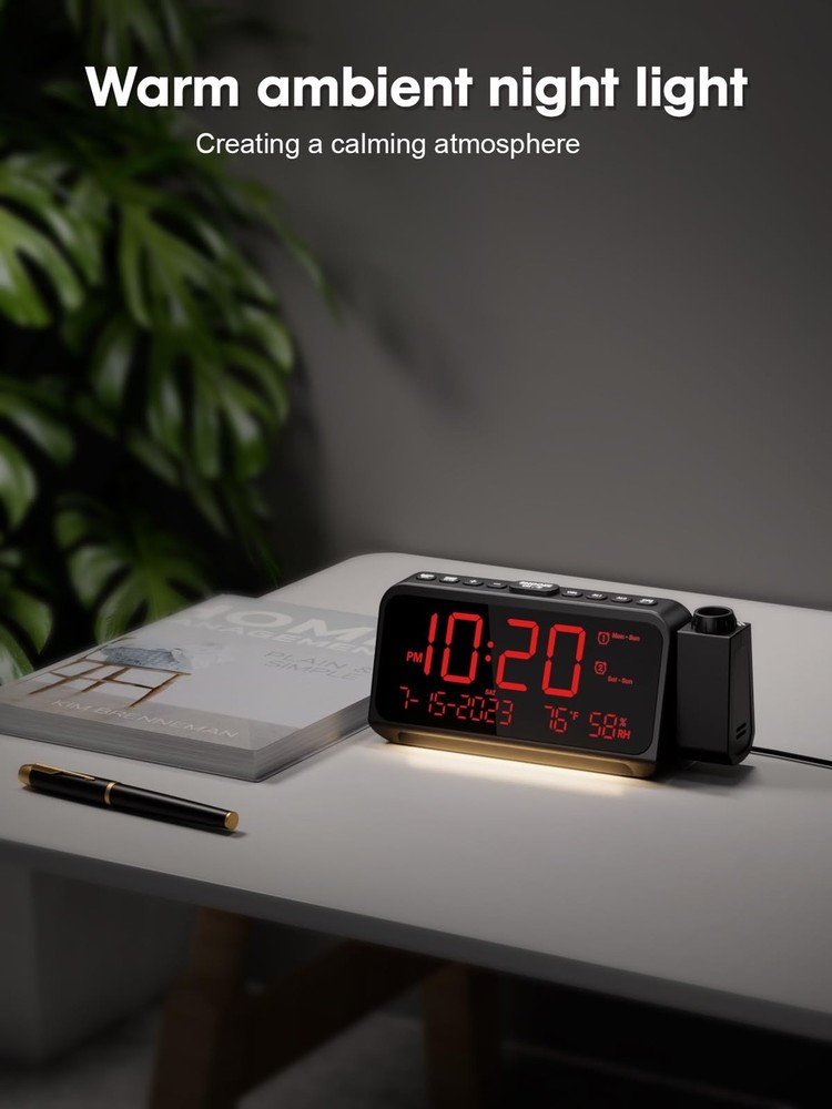 ROCAM Projection Clock for Bedroom, Digital Clock with 180° Projector on Ce