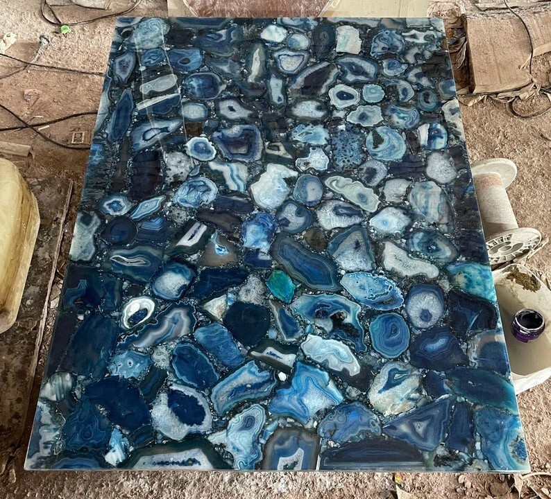 24"x36" Agate Console Table, Blue Agate Dining Table, Agate Dining Table Decor