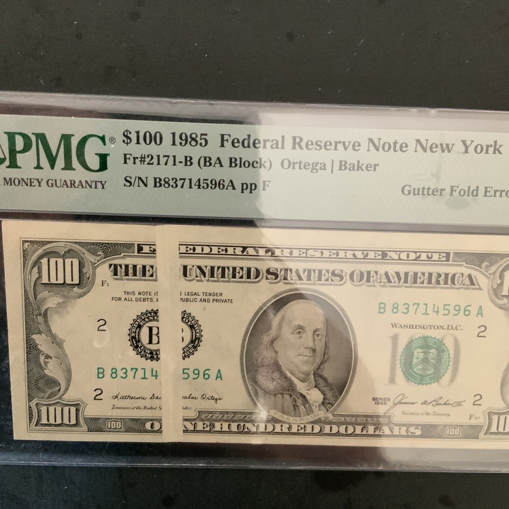 FR#2171-B $100.00 Gutter Fold Error. PMG 55 A.U. Series 1985 Fed Res Note