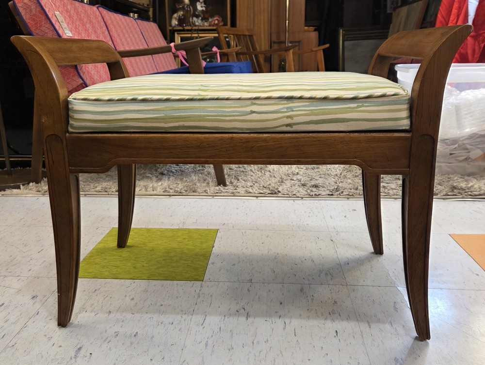 Vintage 1950s walnut bench, professionally upholstered.