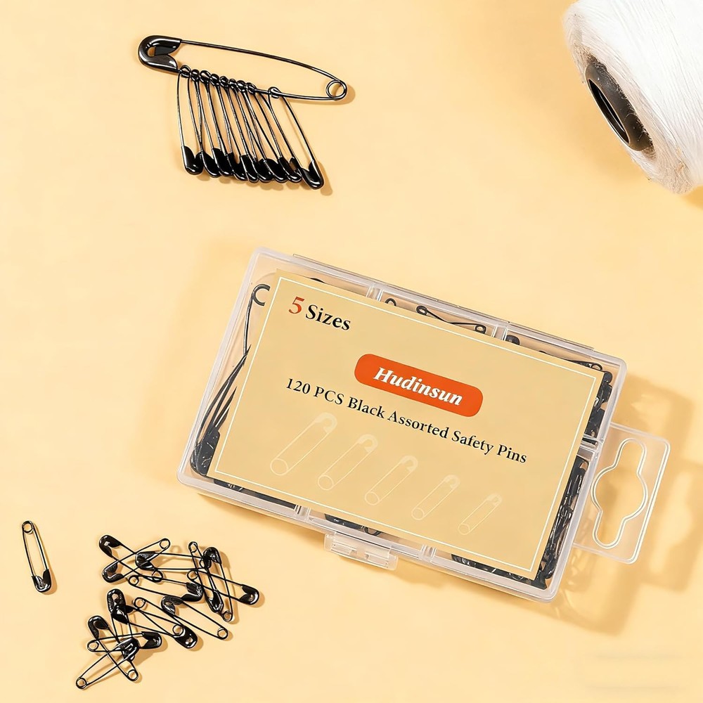 120 PCS 5 Different Sizes Black Safety Pins Assorted, Small and Large