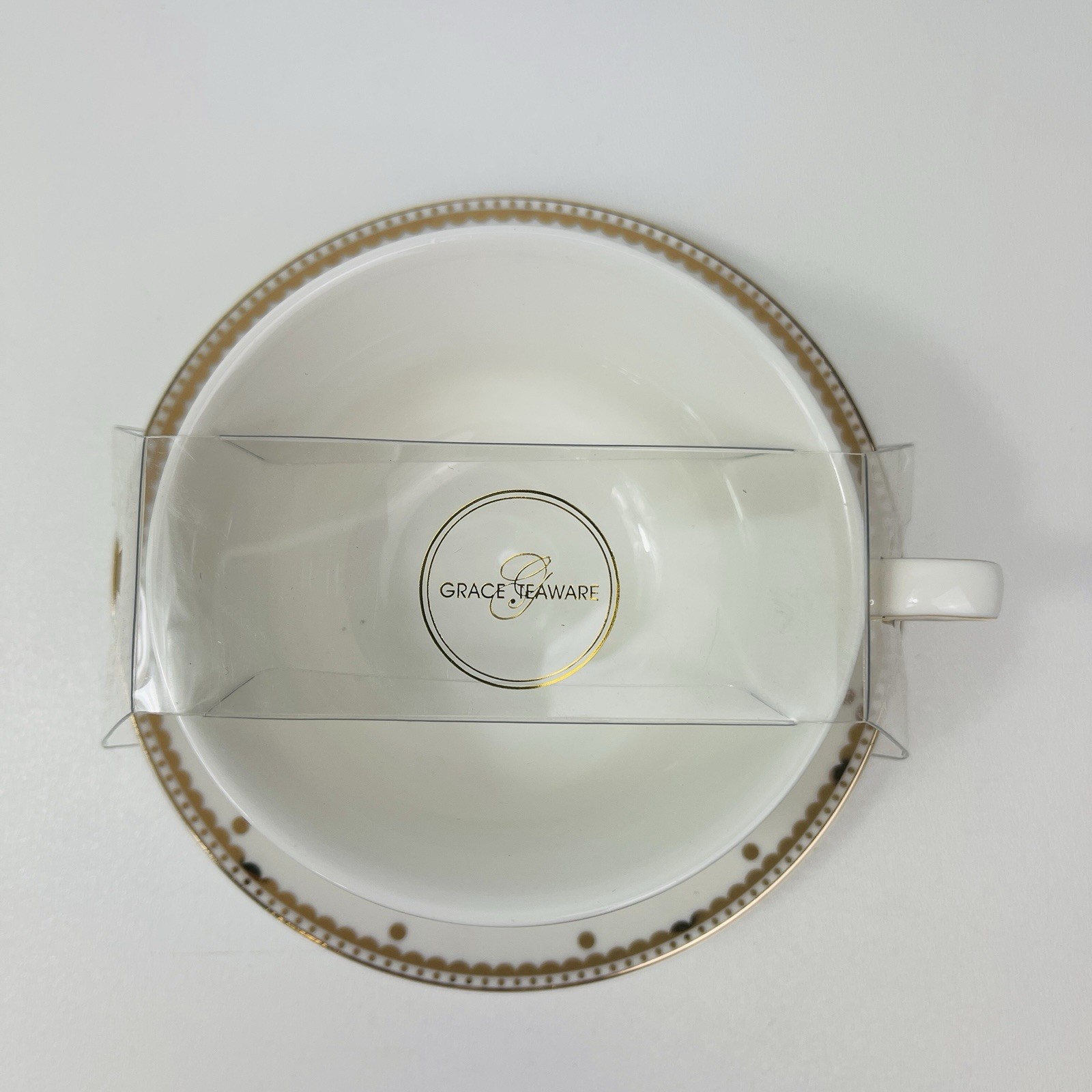 Grace Teaware Teacup Saucer White With Gold Trim Polka Dots New