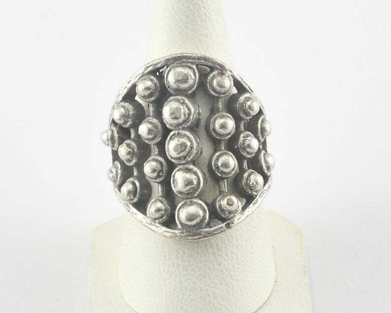 Ring Dotted Adjustable Antique Silver Plated Brass 19mm 9US size Statement