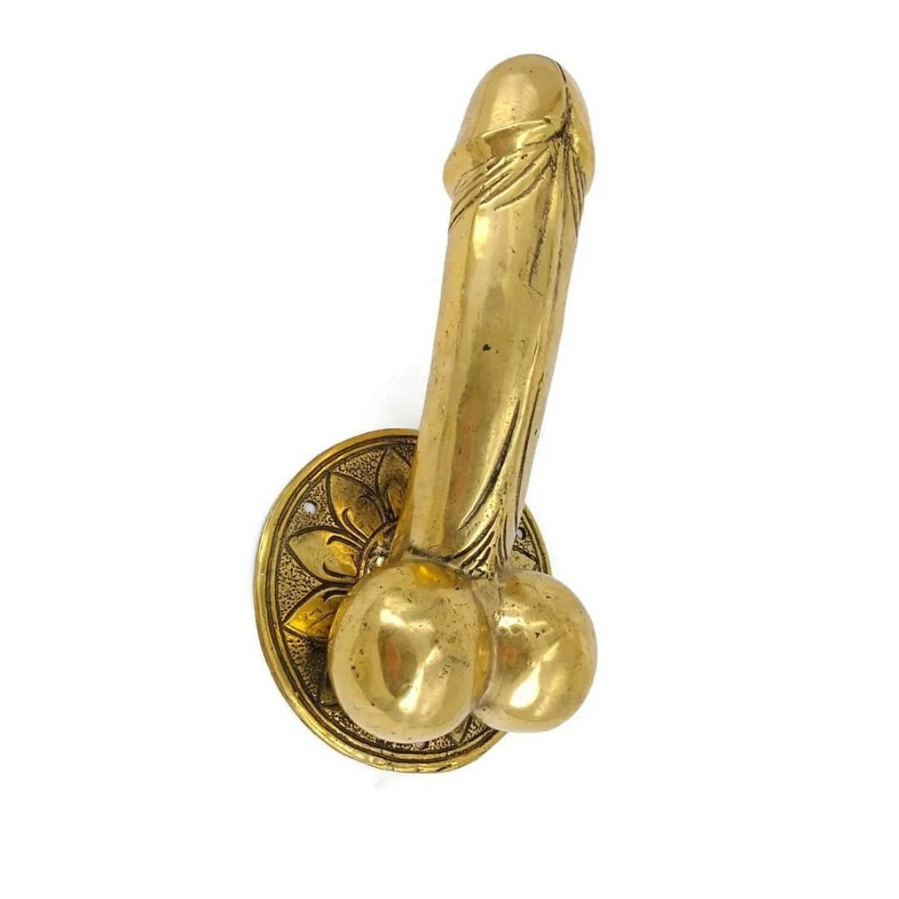 2 large version PENIS erect DOOR PULL HOOK heavy aged brass 9 " handle hand made