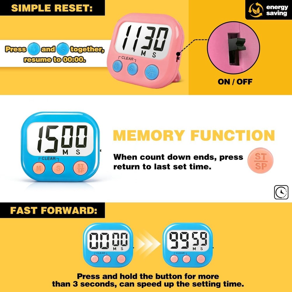 Versatile Classroom Digital Timers - 2 Pack with Memory Feature in Blue & Pink
