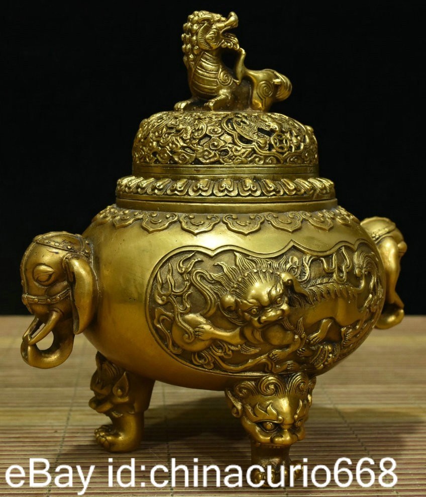 8.8" Marked Old China Copper Carving Dynasty Palace Qilin Elephant Ear Censer