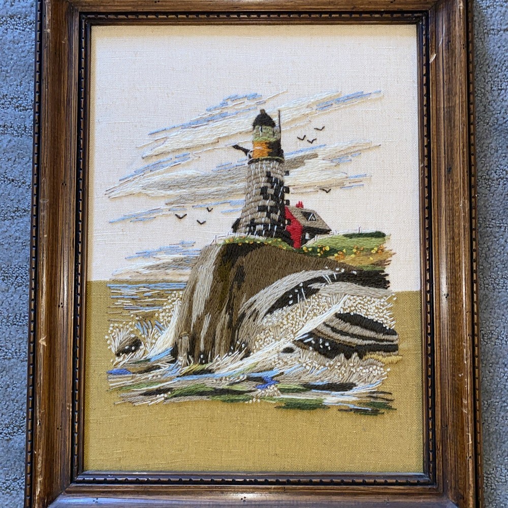 Vintage Lighthouse Needlepoint Framed MCM 19” X 15” Framed