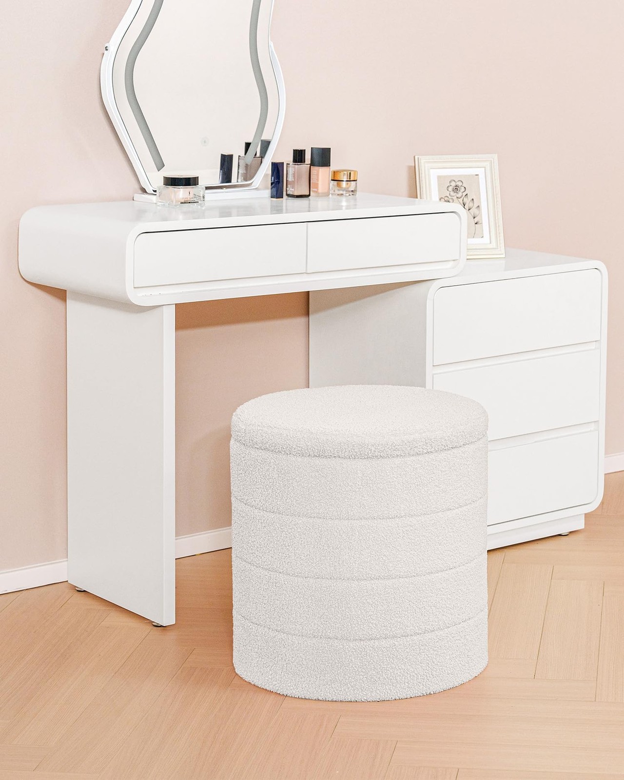 Ottoman with Stroage, Round Sherpa Storage Ottoman Stool, Boucle Foot Rest 16...