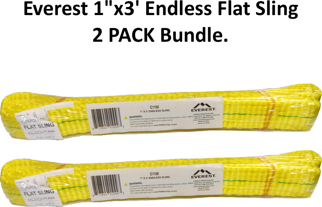 2pc 1in x 3ft Endless Flat Sling 3,200lbs Vertical Lift Load Limit