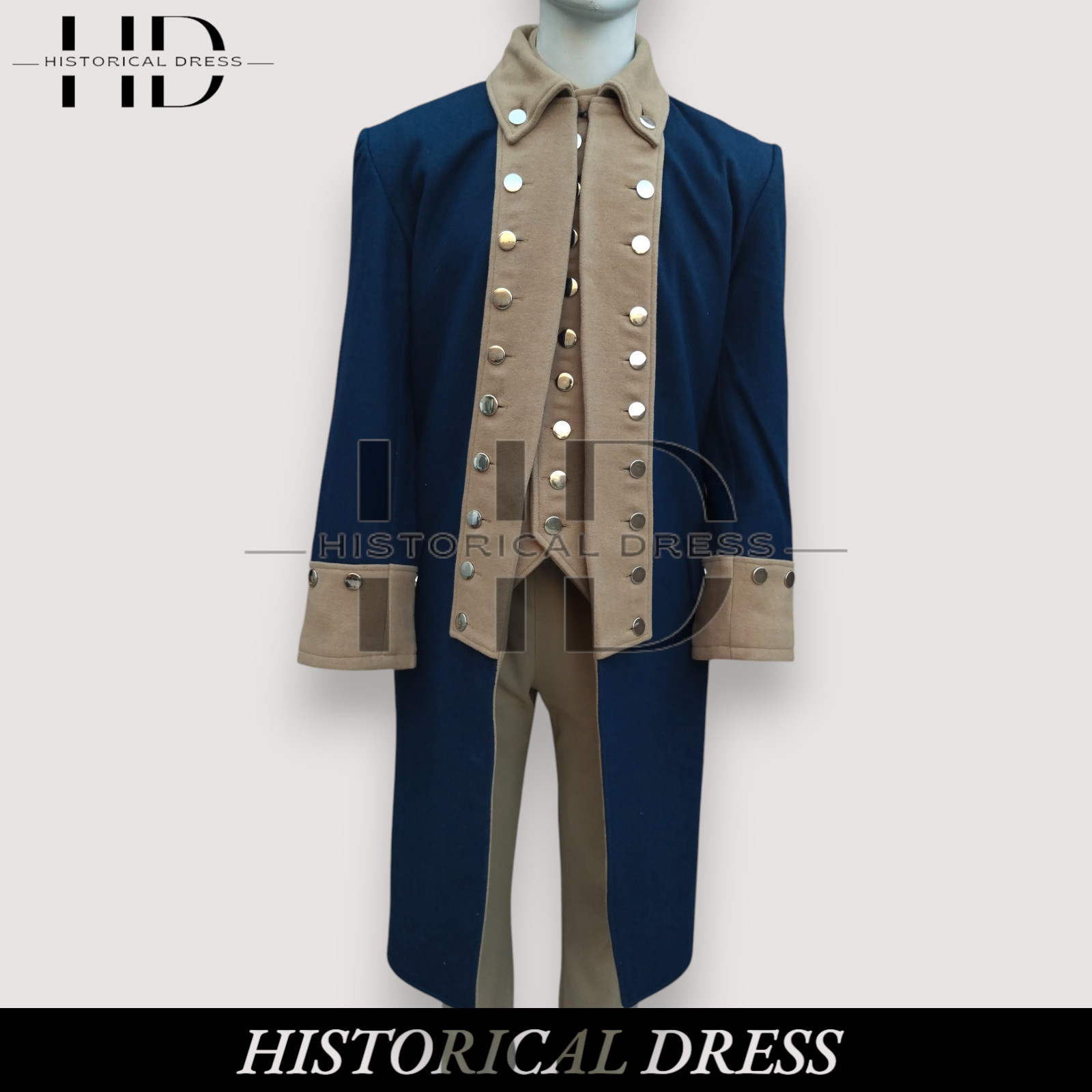 Men's Revolutionary War Officer Coat & Waistcoat | Navy Blue Regimental Uniform
