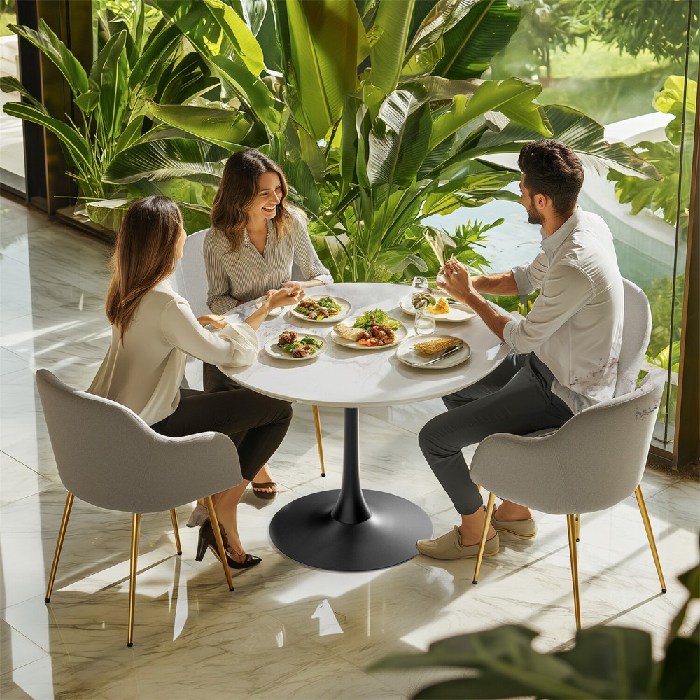 30” Diameter Round Kitchen Dining Table Bar Bistro Table Stone Top Metal Base