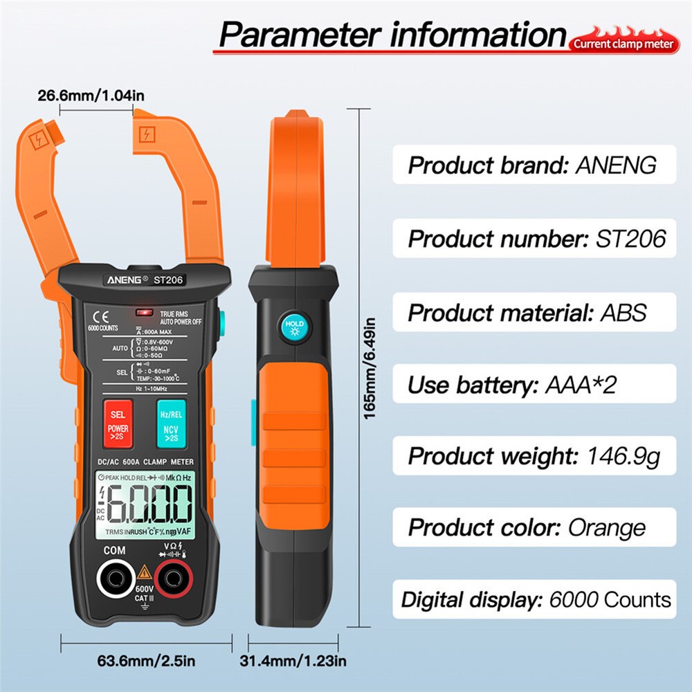 ST206 Digital Clamp Meter Auto Range Electrical Current Tester Measurement Tools