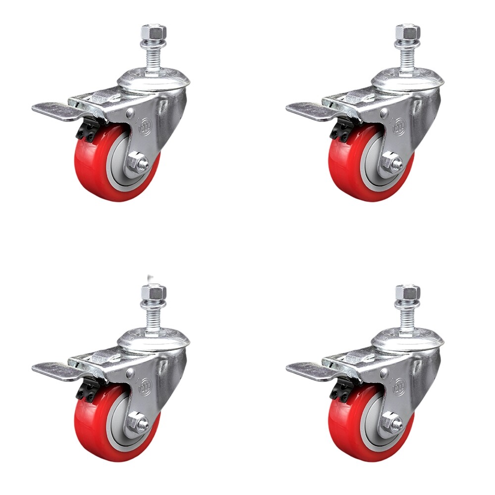 3 Inch SS Red Polyurethane ½ Inch Threaded Stem Caster Set Total Lock Brake