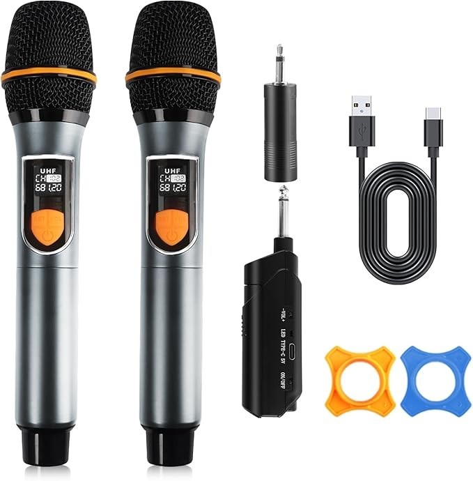 Wireless Microphone UHF Dual Handheld Dynamic Mic System Receiver Rechargeable