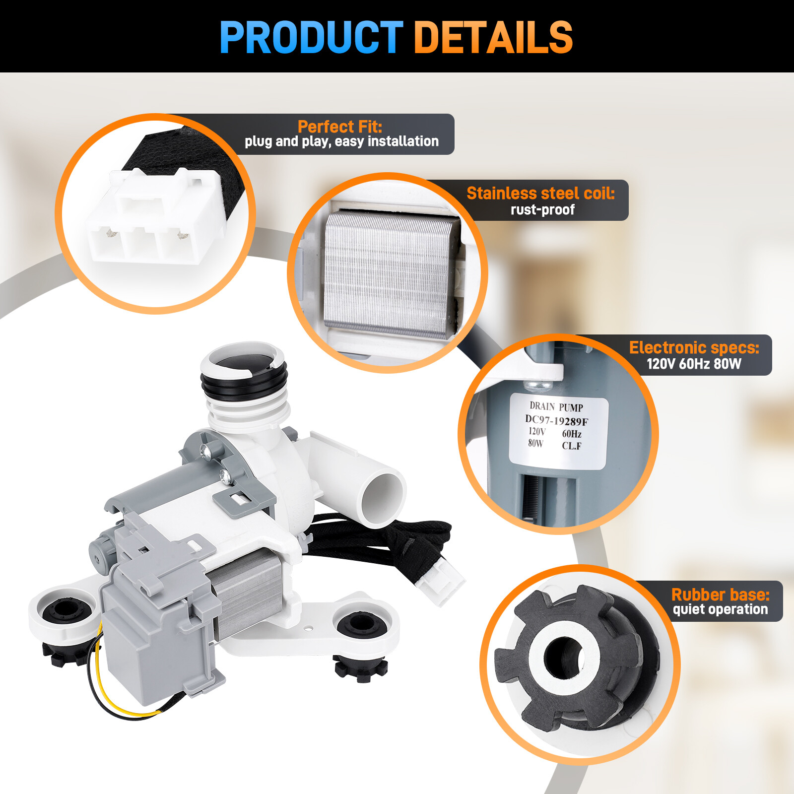 DC97-19289F Washing Machine Drain Pump Assembly for Samsung Washer DC97-19289B