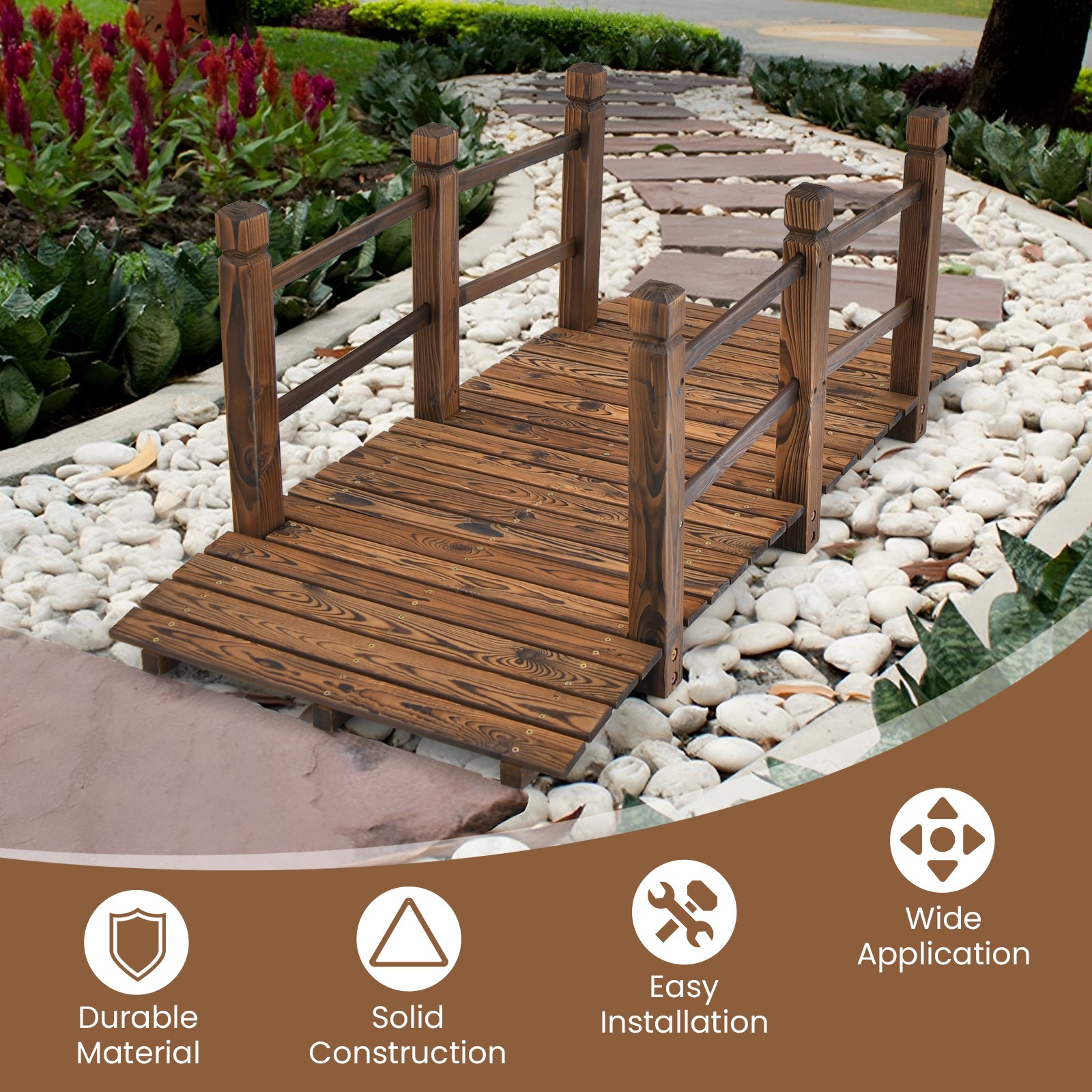 Wooden 5 FT Garden Bridge Decorative Stained Finish Footbridge w/Safety Rails