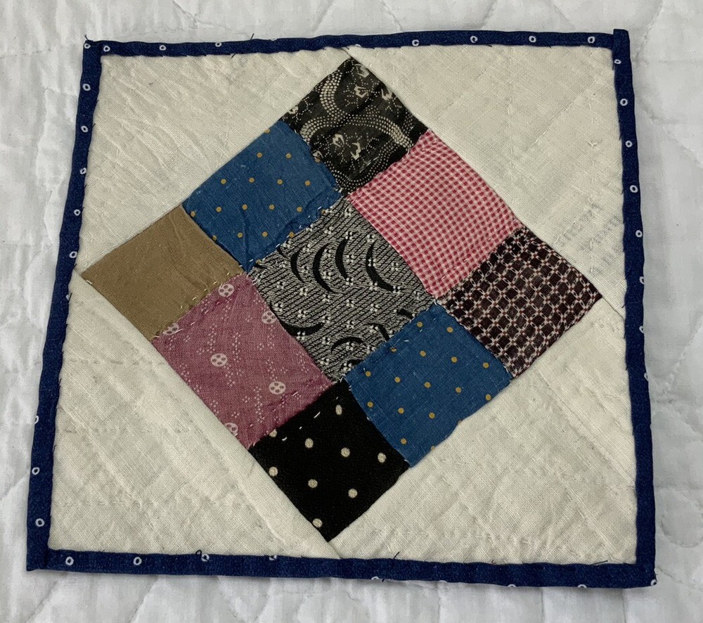Antique Vintage Patchwork Quilt Table Topper, Nine Patch, Hand Quilted
