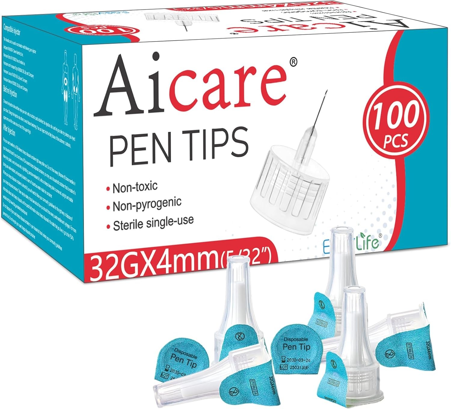 Pen Tips 32G x 4mm, Universal Fit, 100/bx, Comfortable, Extra-Thin