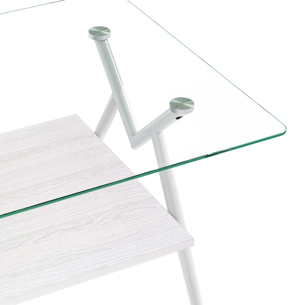 Rectangular coffee table with tempered glass on top and white metal legs