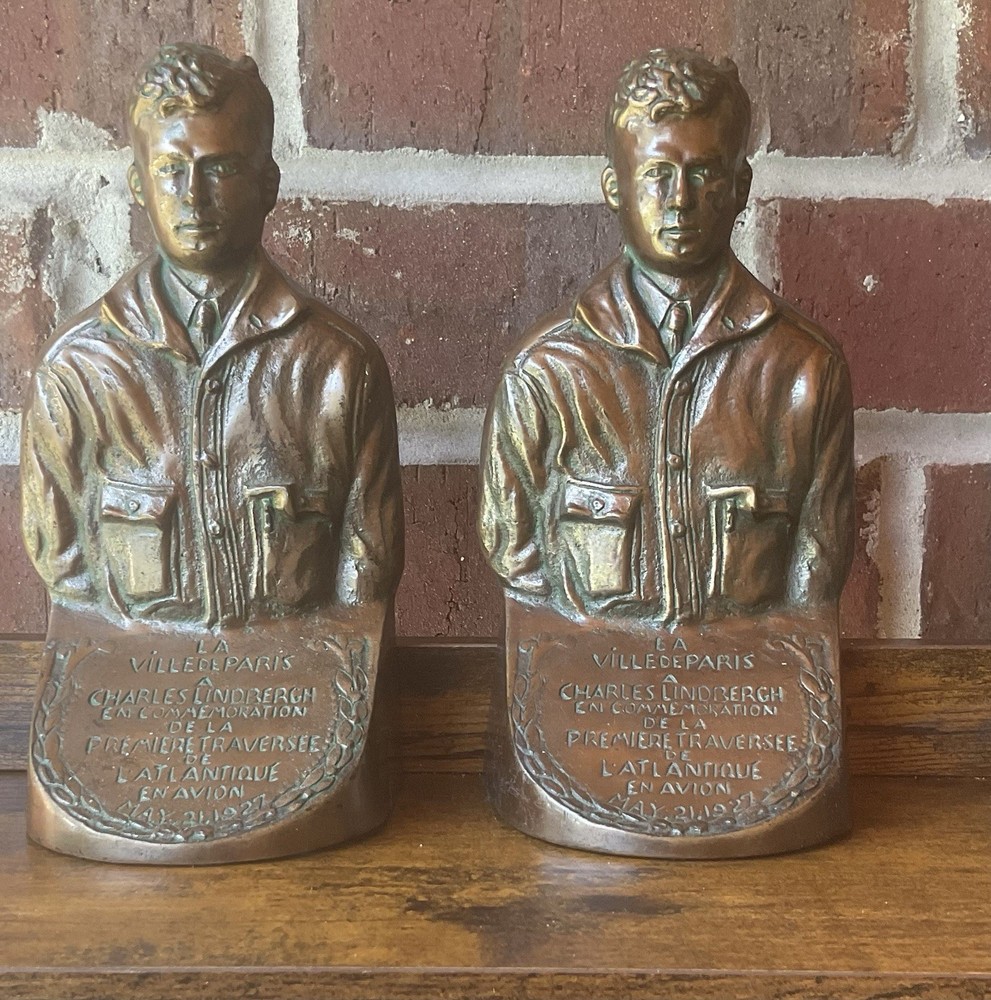 vintage Lindbergh solid bronze statue, bookends, circa 1927, aviation