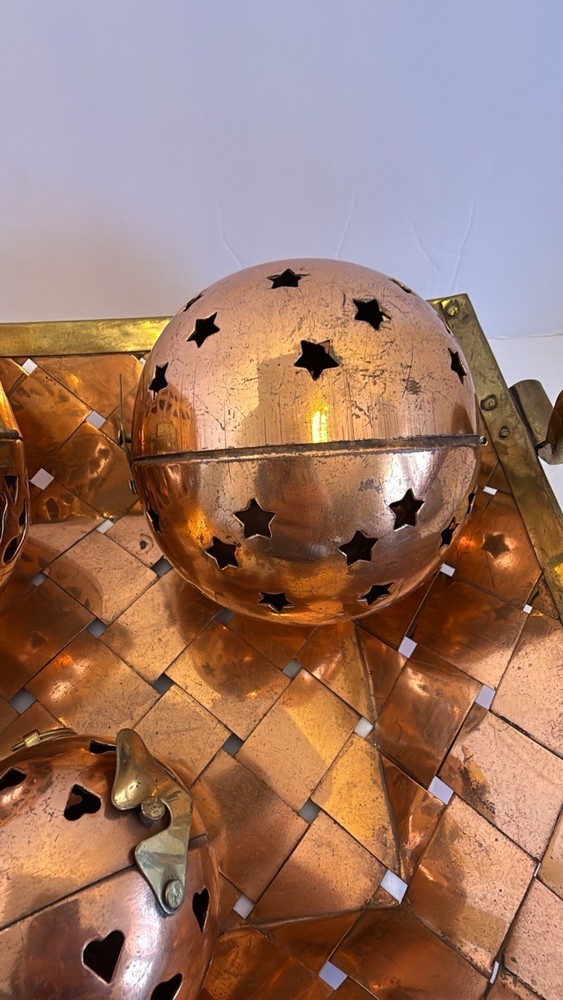 Woven Copper & Brass Tray With Three Hinged Decor Balls