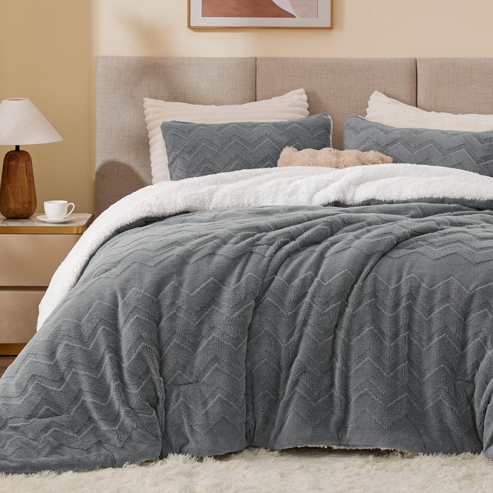 Fluffy Queen Comforter Set - Super Soft Sherpa Grey Comforter for Queen Size ...