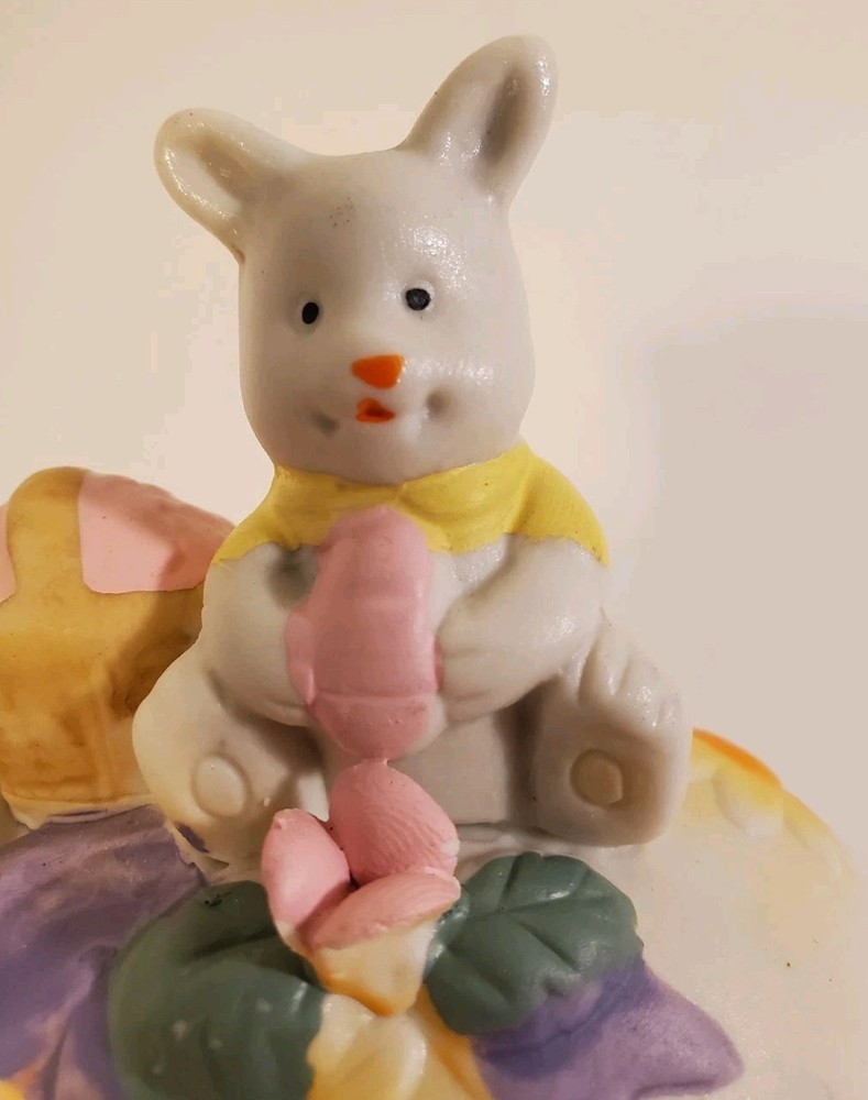 2 Easter Egg Trinket Boxes 1 Bunny 1 Chick Basket w/ Flowers Ceramic Chalkware