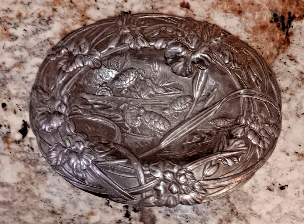 Victorian Silver Over Copper Small Oval Trurtle Design Trinket Dish