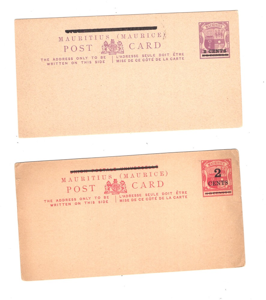 Mauritius  2 revalued  postal  cards   unused