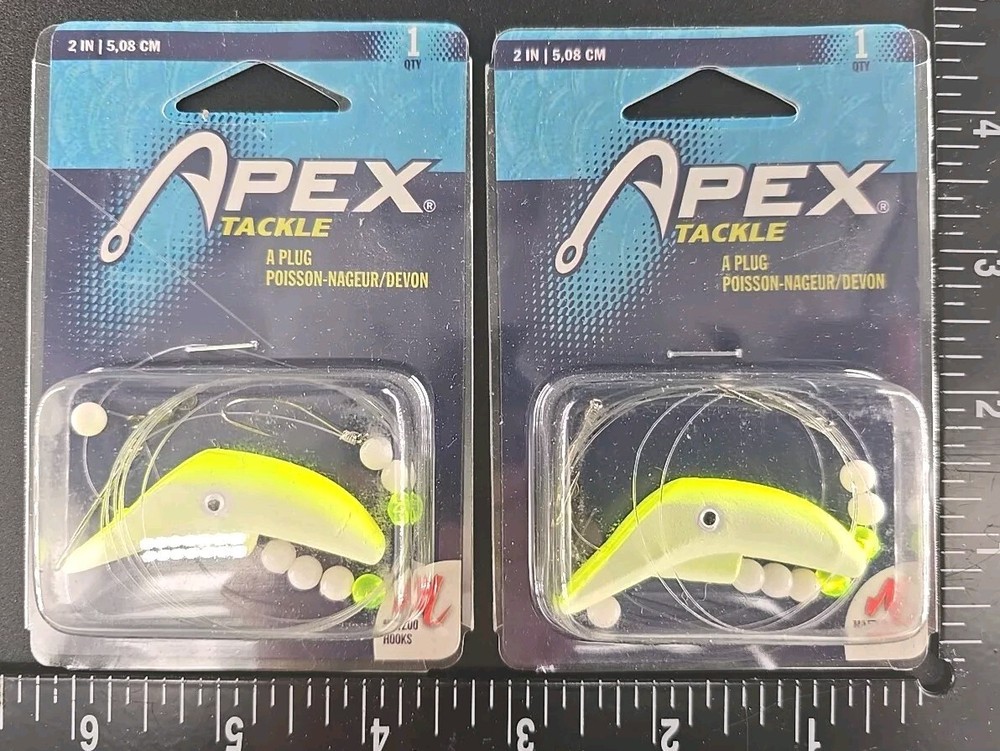 (2) Apex Walleye A Plug Crawler Rigs Double Hook GLOW CHARTREUSE Fish Rig