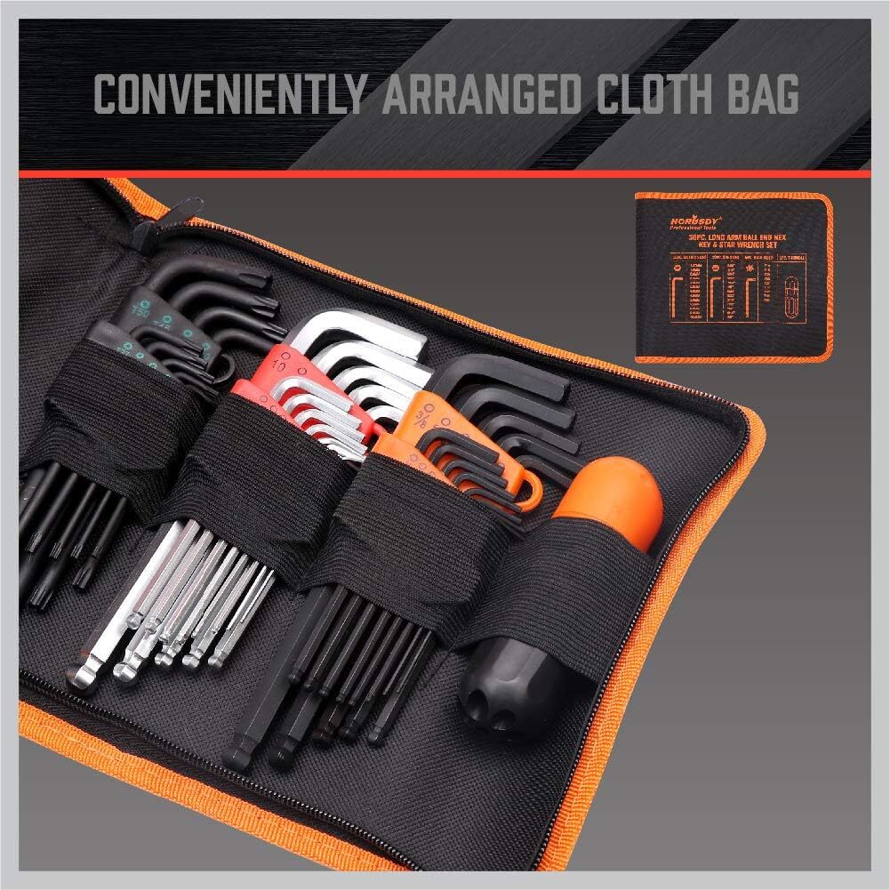 36 PC Long Arm Ball End Hex Key Allen Wrench Set Inch Metric Star With Bag Gift