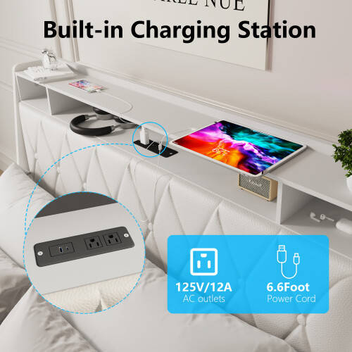 Full Size Bed Frame with Ergonomic Headboard, Full Platform Bed Frame with Outle