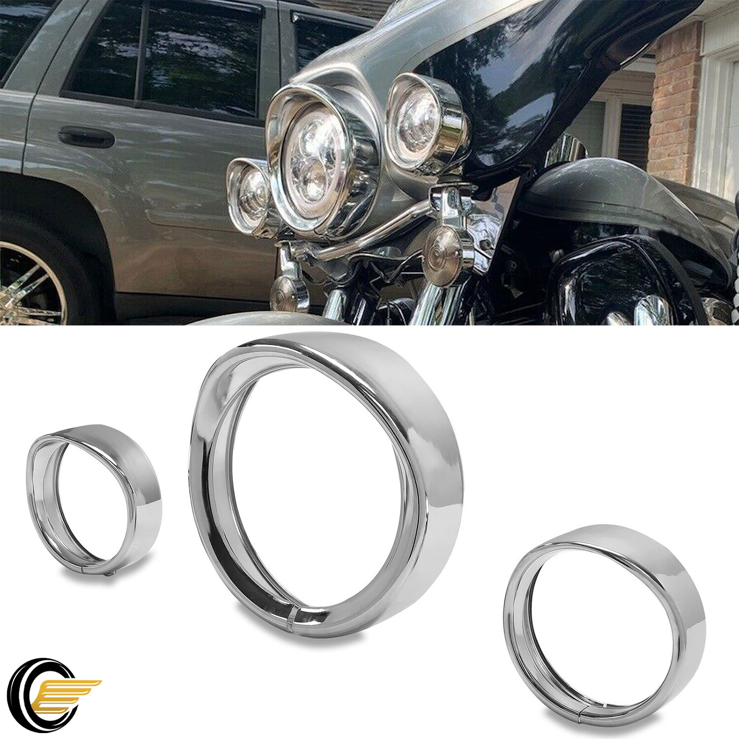 7" + 4.5" Headlight Fog Light Visor Style Trim Ring For Harley Touring Dyna