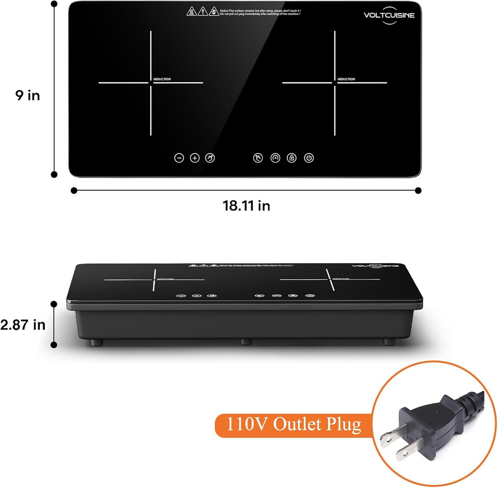 1800W Double Induction Cooktop with Touch Control & Timer, 2 Zones
