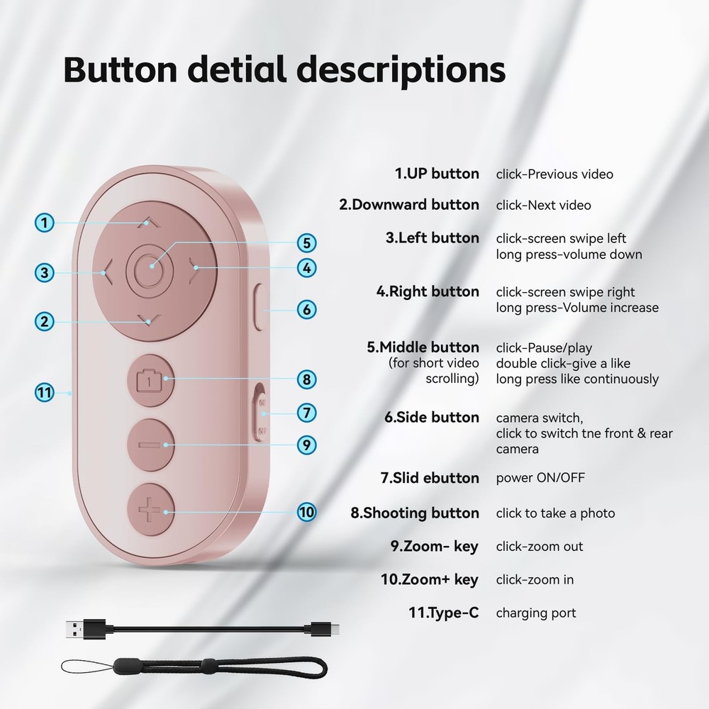 Bluetooth Camera Remote Shutter with Zoom and Front/Rear Switch Pink