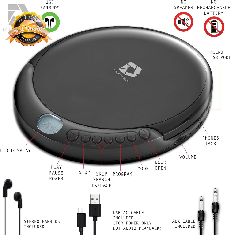 Portable CD Player 60 Second Anti Skip Stereo Earbuds Aux AC USB Cable