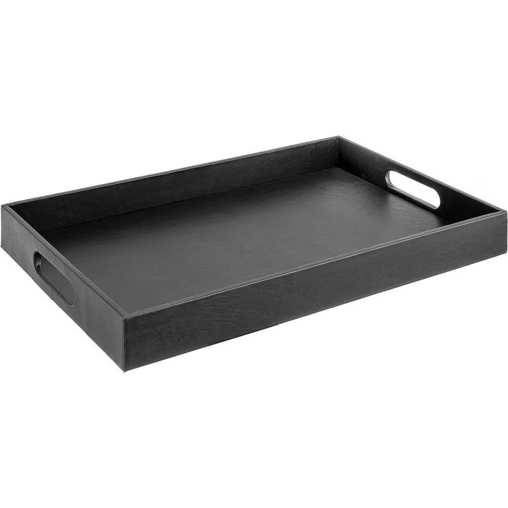 Black Leather Rectangular Faux Leather Decorative Serving Tray with Handles