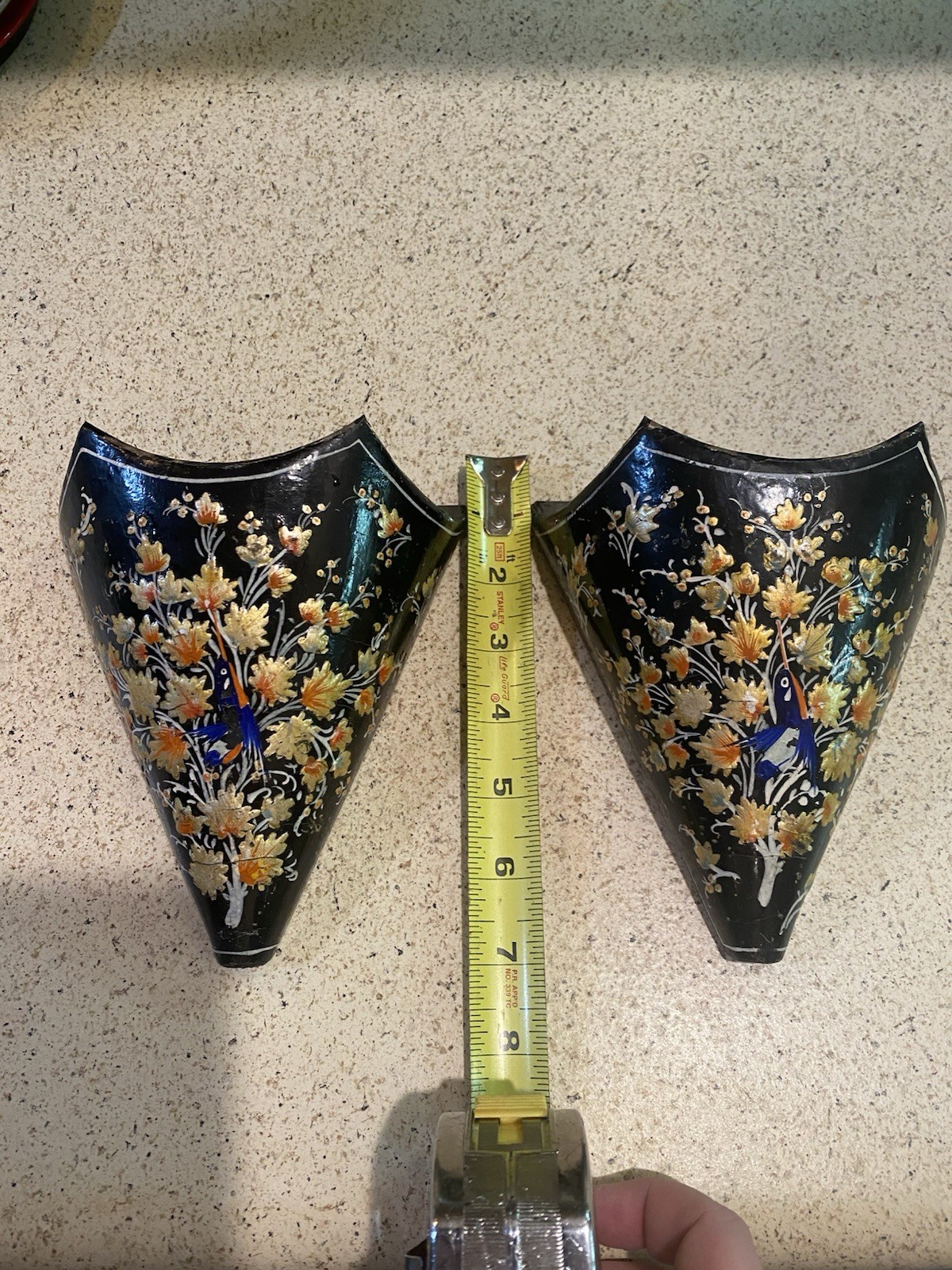 Set Of VINTAGE ASIAN CHINOESERIE BLACK LACQUER WALL POCKETS Orange Florals Birds