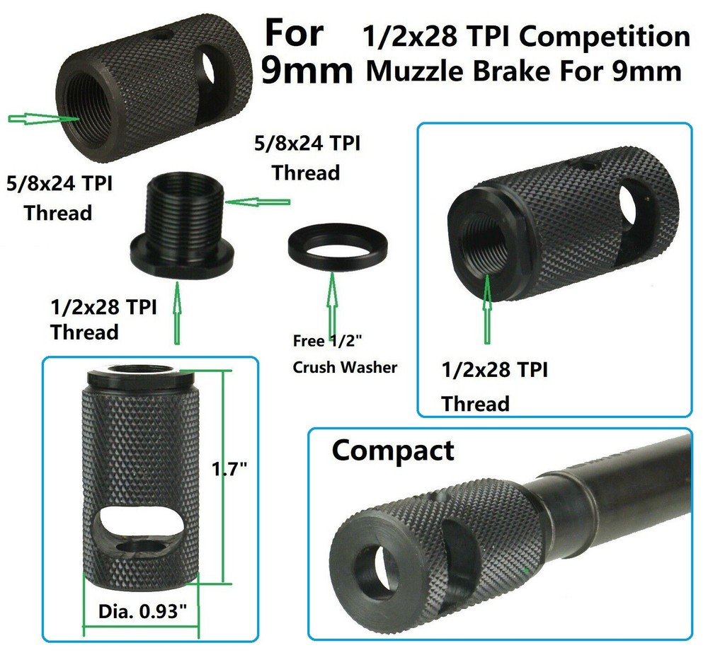 Compact Low Concussion Competition Muzzle Brake Compensator 1/2x28 TPI For 9mm