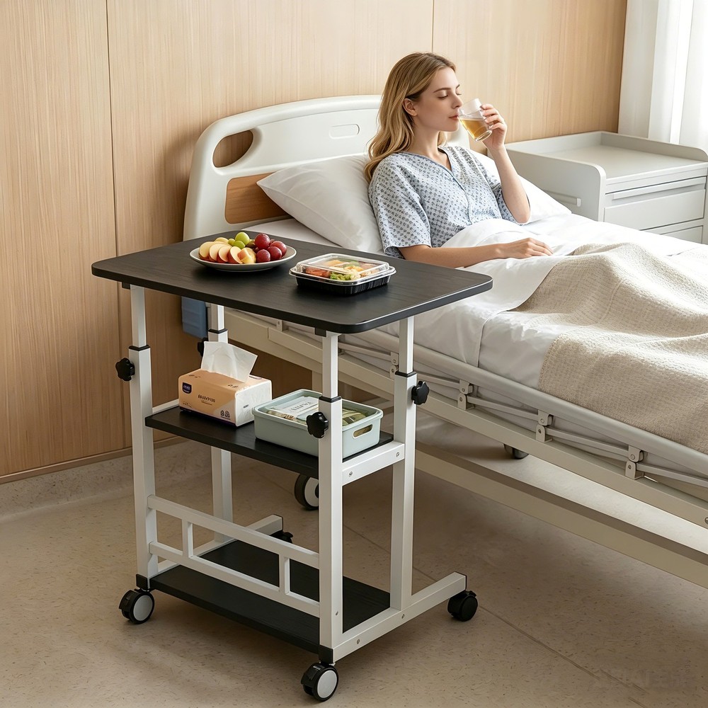 3-Tier Adjustable Nursing Bedside Table Simple Hospital Bedside Table black