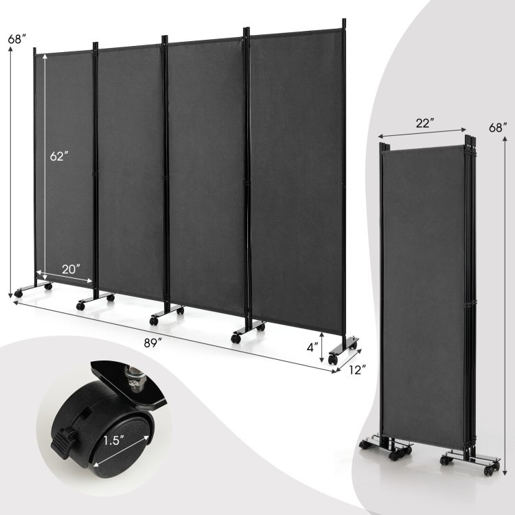 4-Panel Folding Room Divider with Lockable Wheels - Portable Privacy Screen