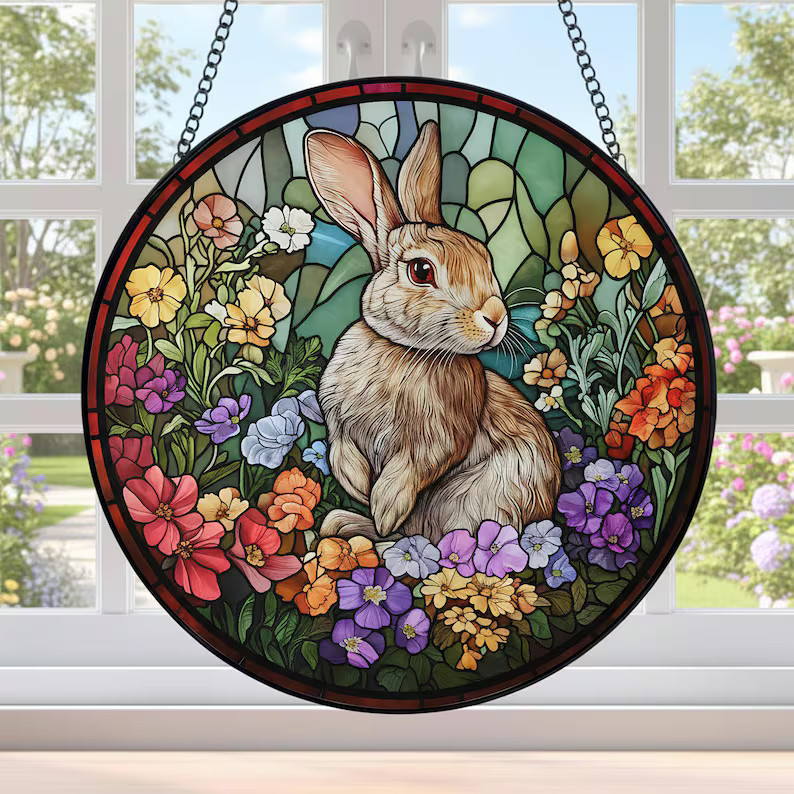 Rabbit Stained Glass Suncatcher Easter Decor Window