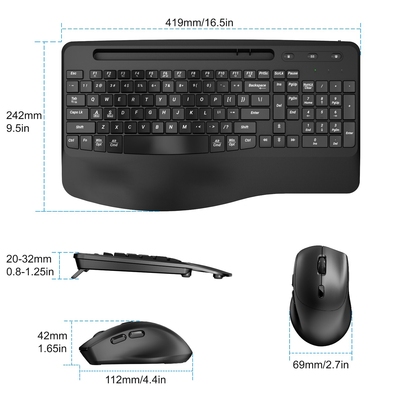 Rechargable Wireless USB Keyboard and Mouse Ergonomic Combo Full-Sized Quiet