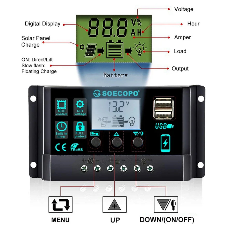100A Solar Charge Controller 12V/24V Dual USB LCD Solar Panel Battery Charger