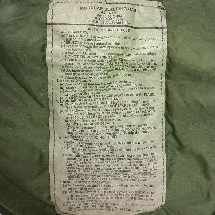 US Military MSS Modular OD Green Patrol Lightweight Sleeping Bag USGI VGC