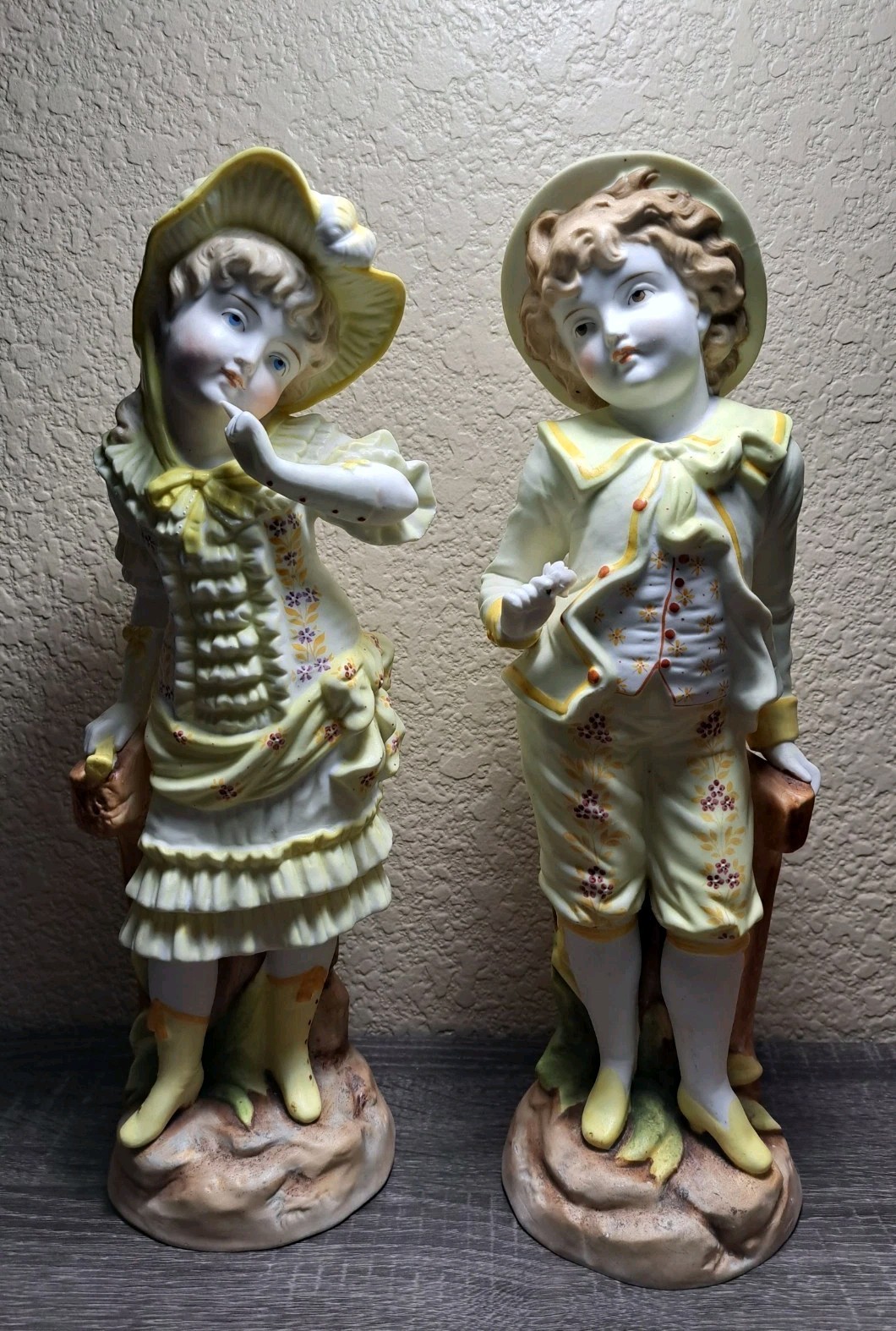 Antique Gebruder Heubach German Porcelain Bisque 14"  Boy & Girl Figurine Pair