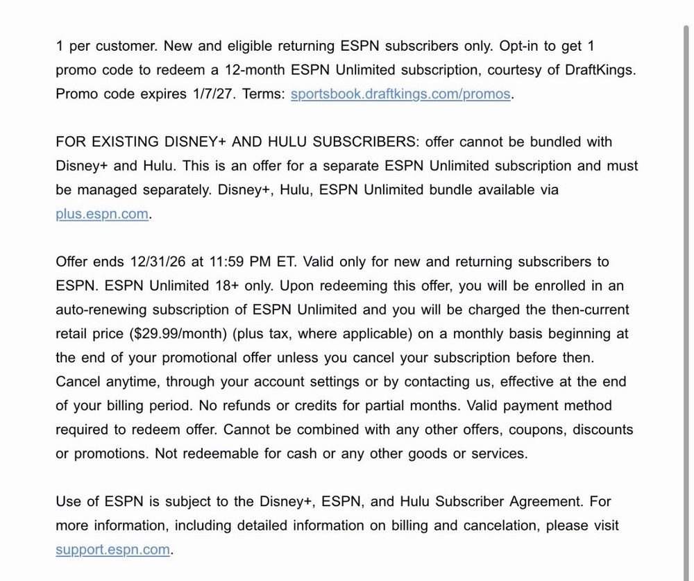 Espn Unlimited One Year Subscription Code (Valued at 300$)