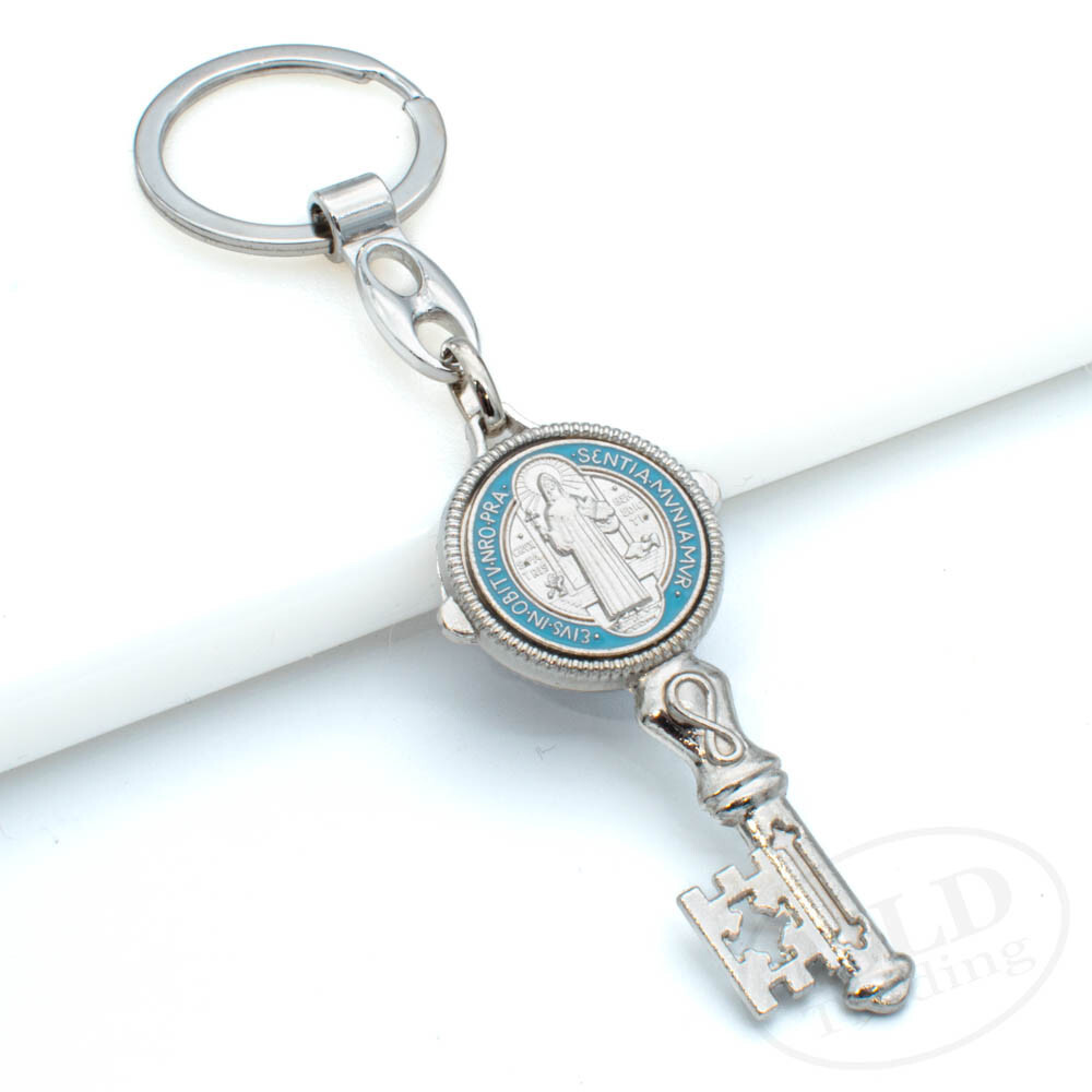 Saint St Benedict Key Shaped Medal Pendant Key Chain Silver & Blue - Religious