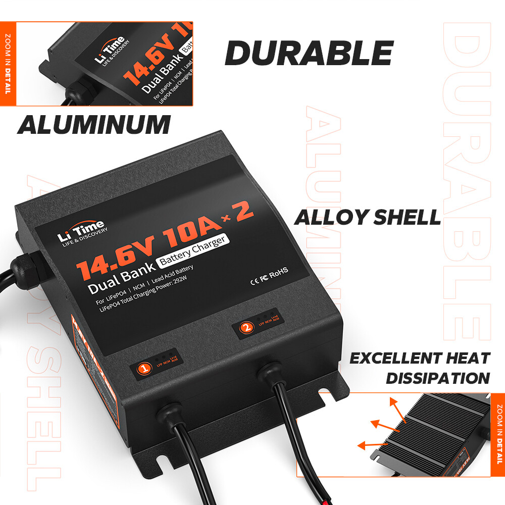 LiTime 2 Bank 12V(14.6V) 10A Smart Battery Charger for LiFePO4 Lithium Lead Acid