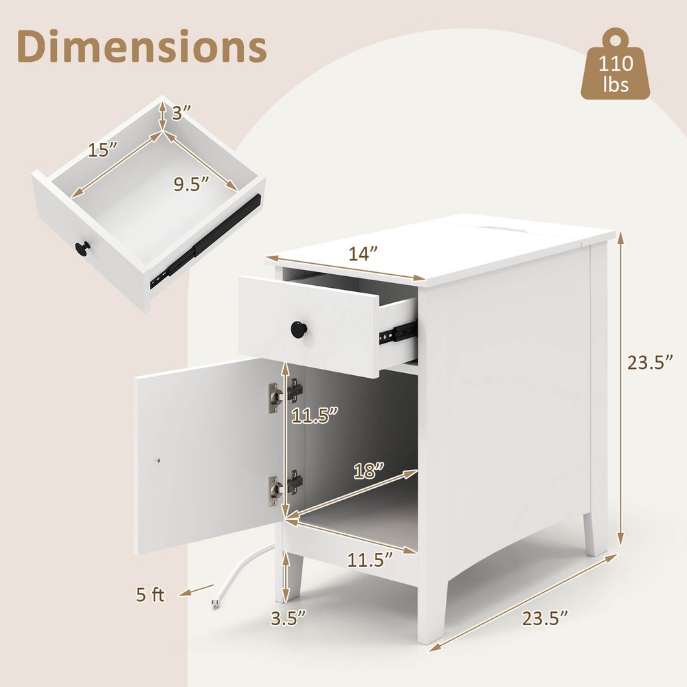 End Table with Charging Station Flip Top Bedside Table with USB Ports & Outlets